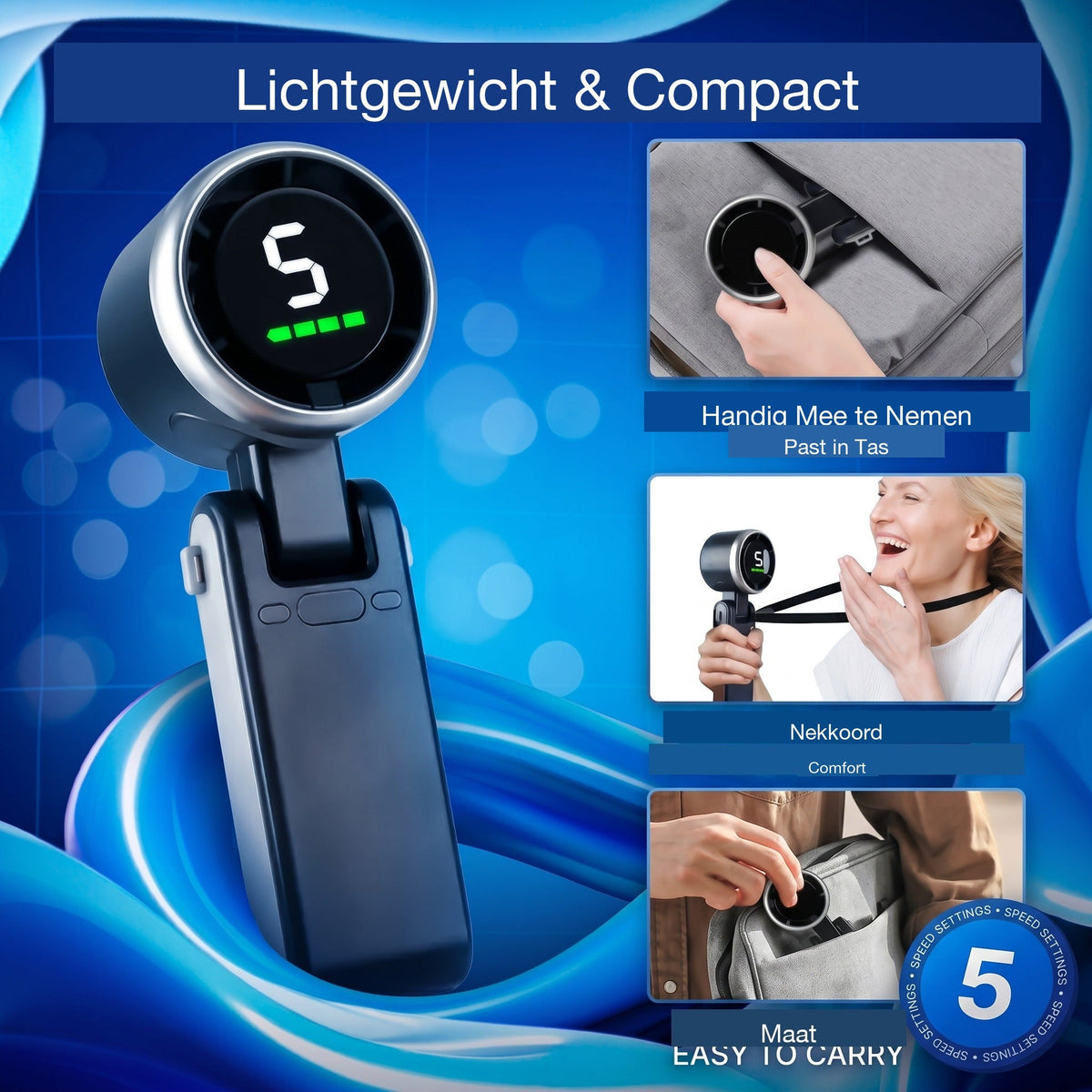 Portable handheld fan with circular digital display and hinged handle