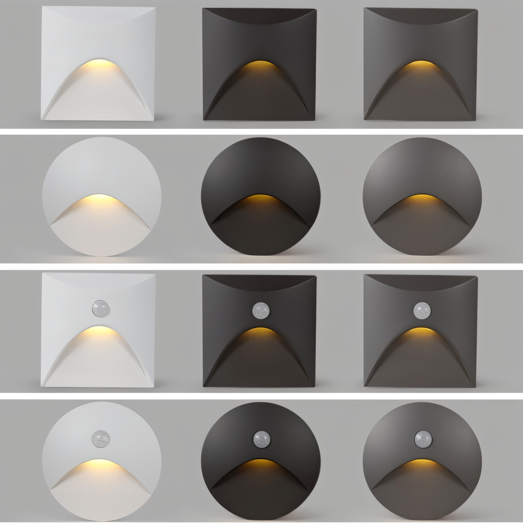 Square LED wall light with curved front design and motion sensor
