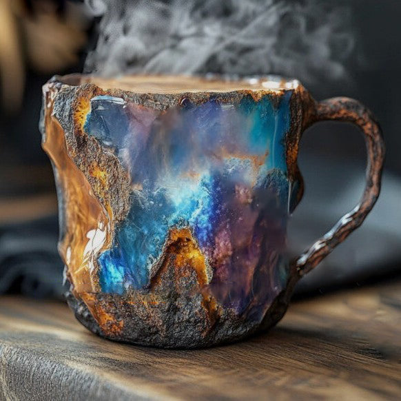Handmade mineral crystal mug with textured stone-effect finish and sculptural handle