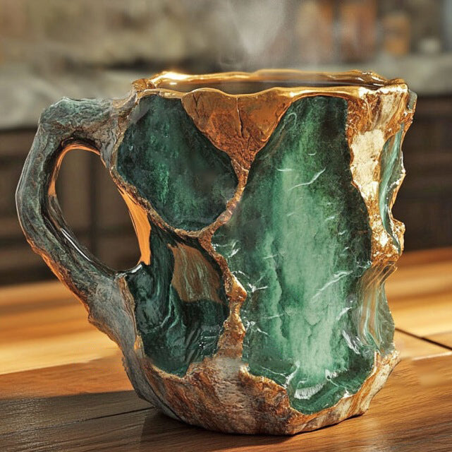 Handmade mineral crystal mug with textured stone-effect finish and sculptural handle