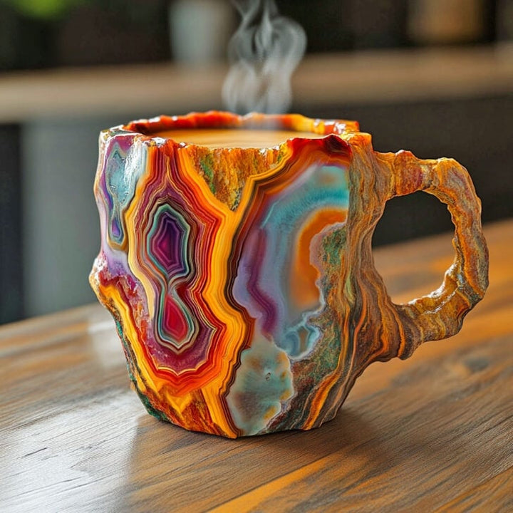 Handmade mineral crystal mug with textured stone-effect finish and sculptural handle