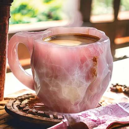 Handmade mineral crystal mug with textured stone-effect finish and sculptural handle