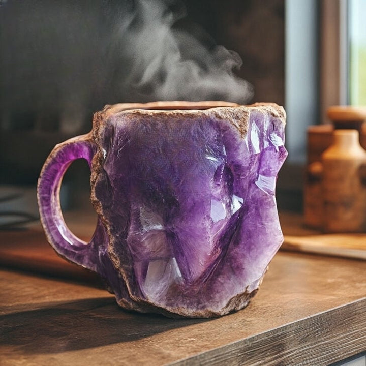 Handmade mineral crystal mug with textured stone-effect finish and sculptural handle