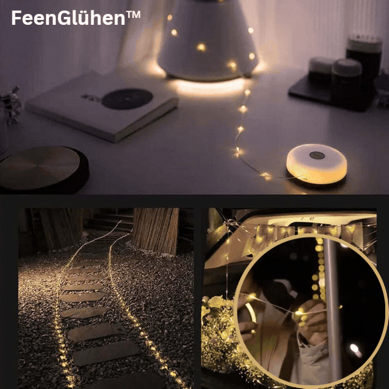 Warm white LED string lights arranged around a garden path and decorative display