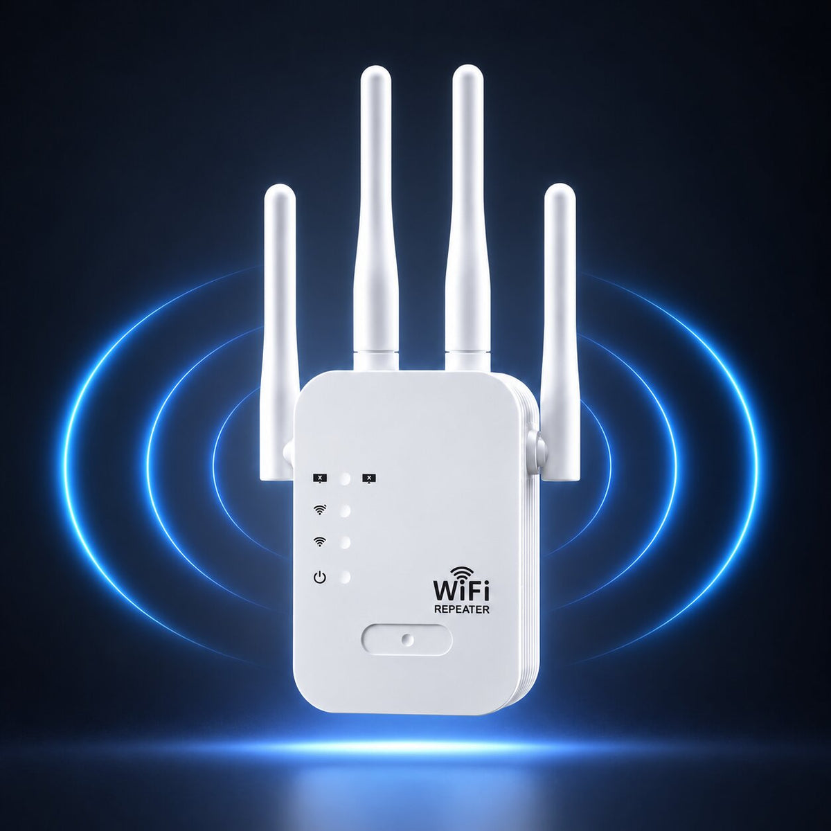 White WiFi repeater with four external antennas and front status indicators