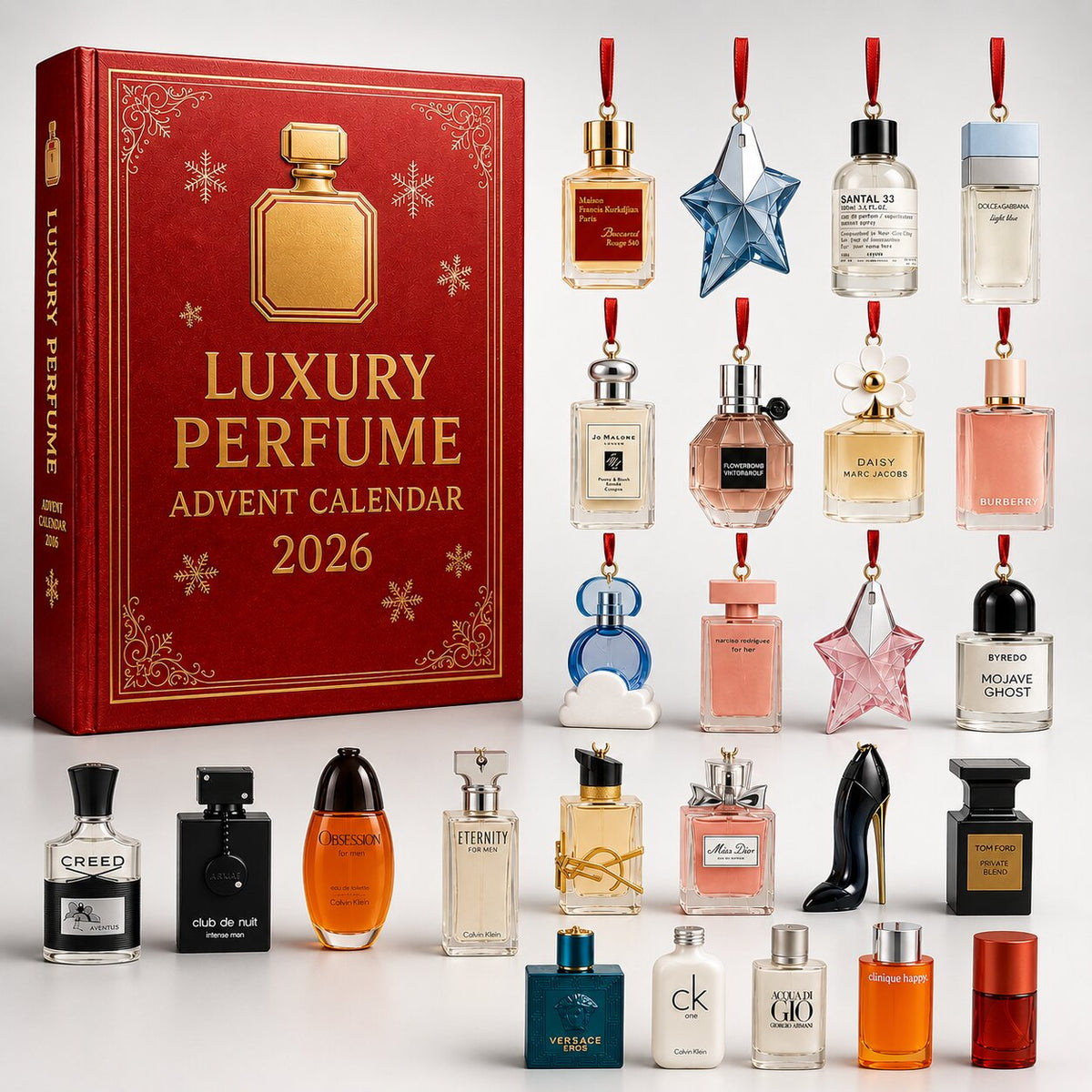 Red 2026 perfume advent calendar with gold detailing and perfume bottle artwork