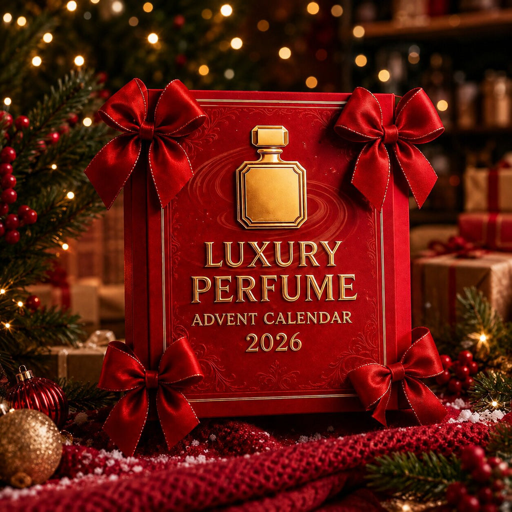 Red 2026 perfume advent calendar with gold detailing and perfume bottle artwork