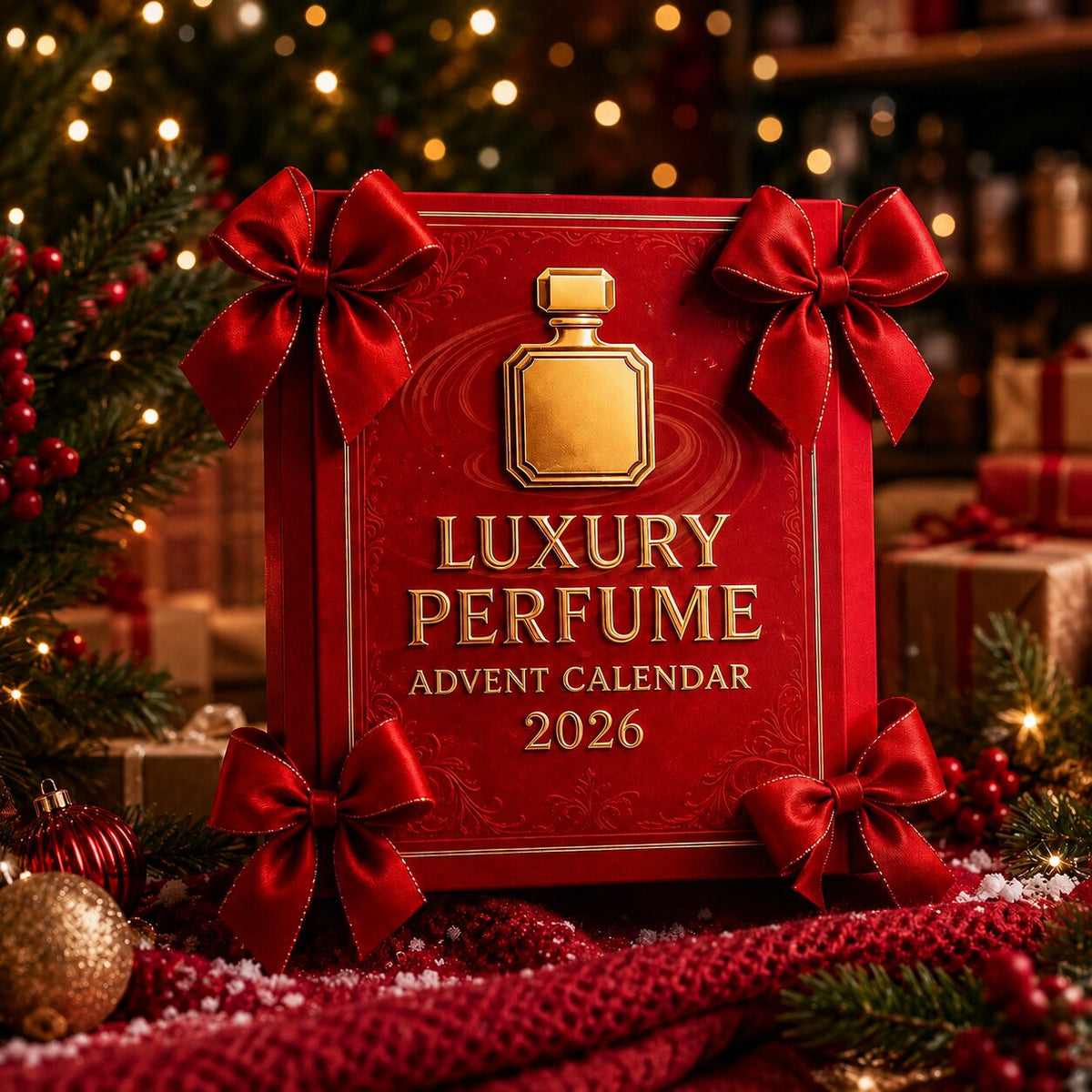 Red 2026 perfume advent calendar with gold detailing and perfume bottle artwork