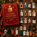 Red 2026 perfume advent calendar with gold detailing and perfume bottle artwork