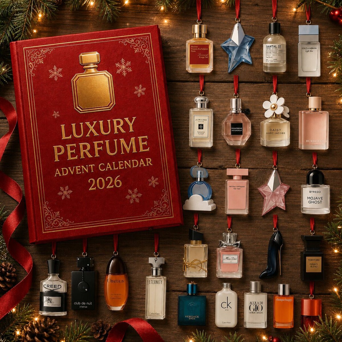 Red 2026 perfume advent calendar with gold detailing and perfume bottle artwork