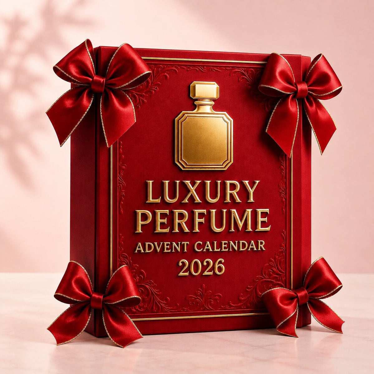 Red 2026 perfume advent calendar with gold detailing and perfume bottle artwork