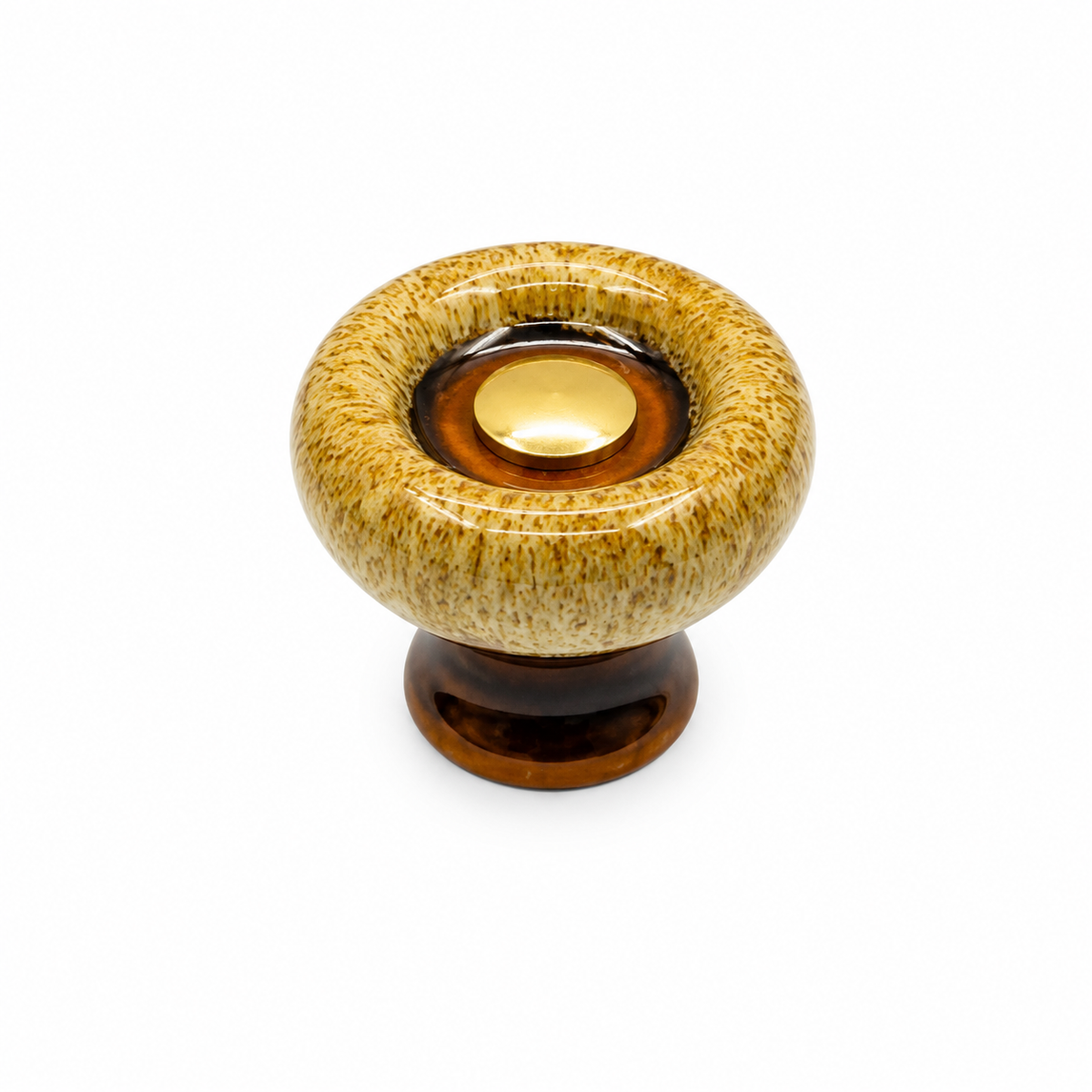 Round ceramic cabinet knob with glossy textured finish and decorative centre
