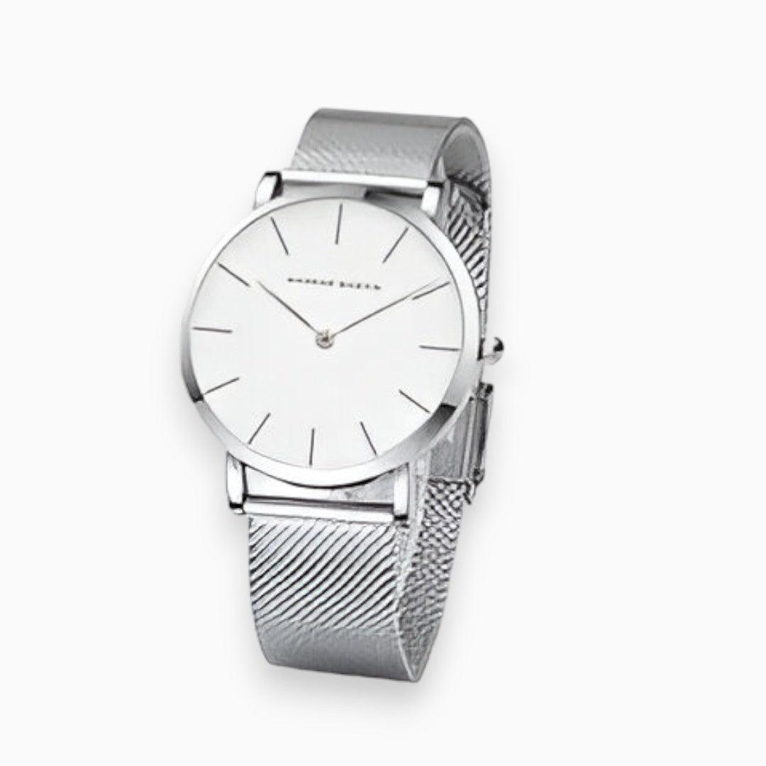 Analogue wristwatch with minimal round dial and textured mesh strap