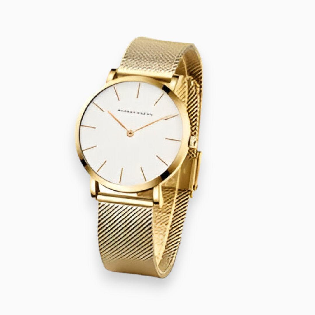 Analogue wristwatch with minimal round dial and textured mesh strap