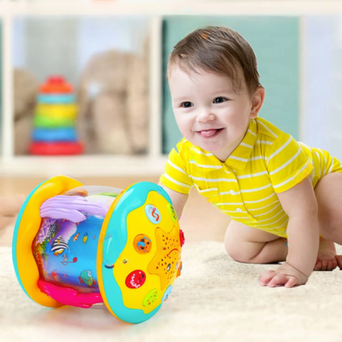 Colourful rotating baby activity toy with musical buttons and sea-life details