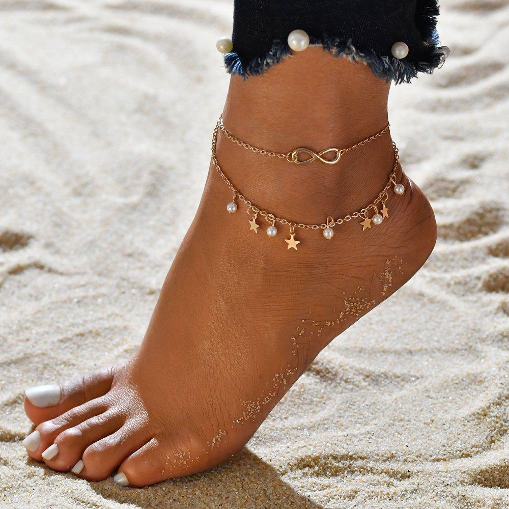 Double-chain pearl charm anklet with star charms and infinity detail