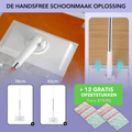 White hands-free flat floor mop with long handle and pink and mint mop pads