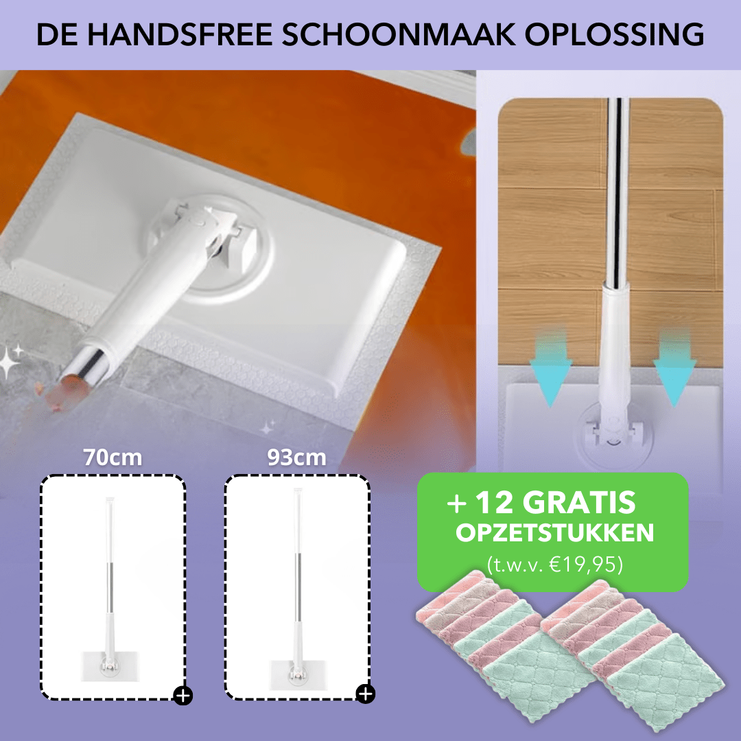 White hands-free flat floor mop with long handle and pink and mint mop pads