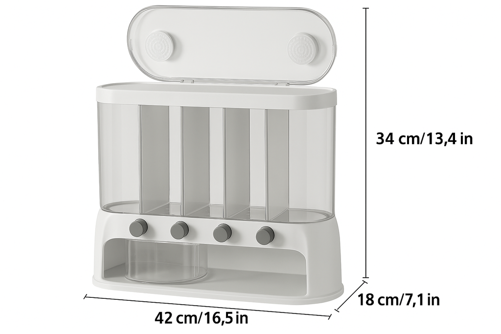 White five-compartment grain dispenser with clear bins and pull-out drawer