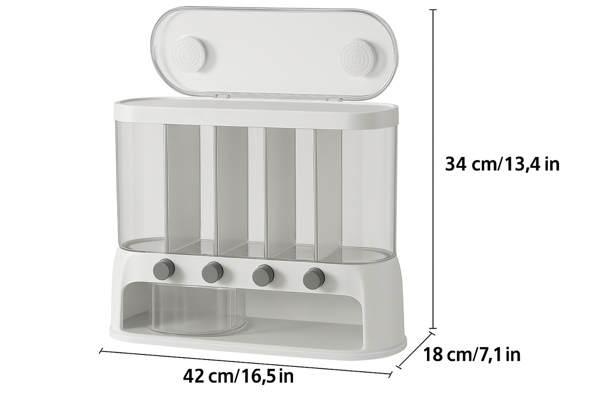 White five-compartment grain dispenser with clear bins and pull-out drawer