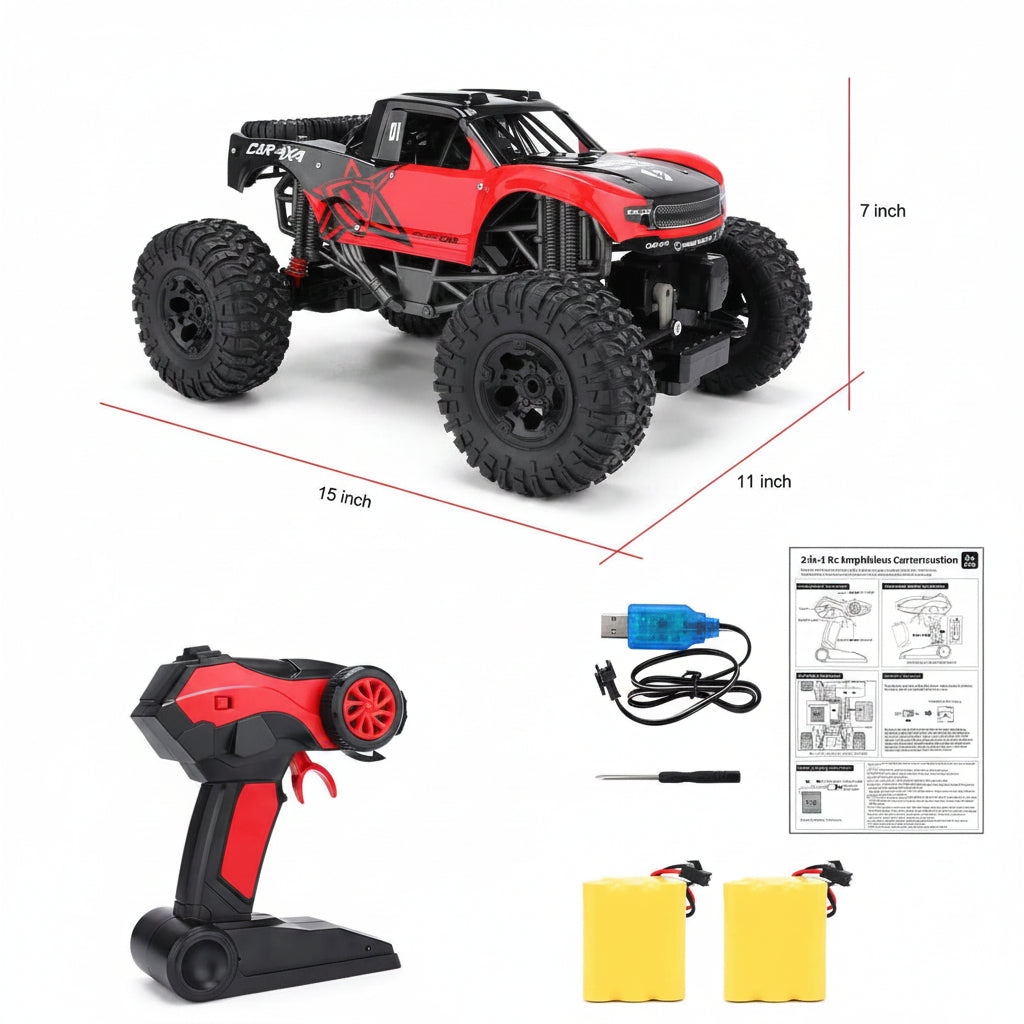 Remote control amphibious monster truck with oversized tyres driving through shallow water