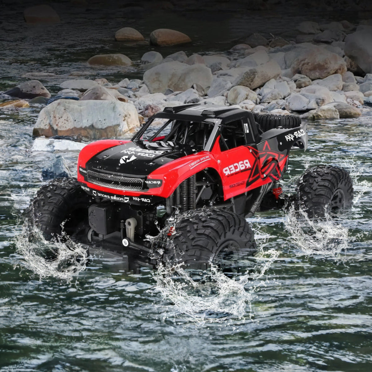 Remote control amphibious monster truck with oversized tyres driving through shallow water