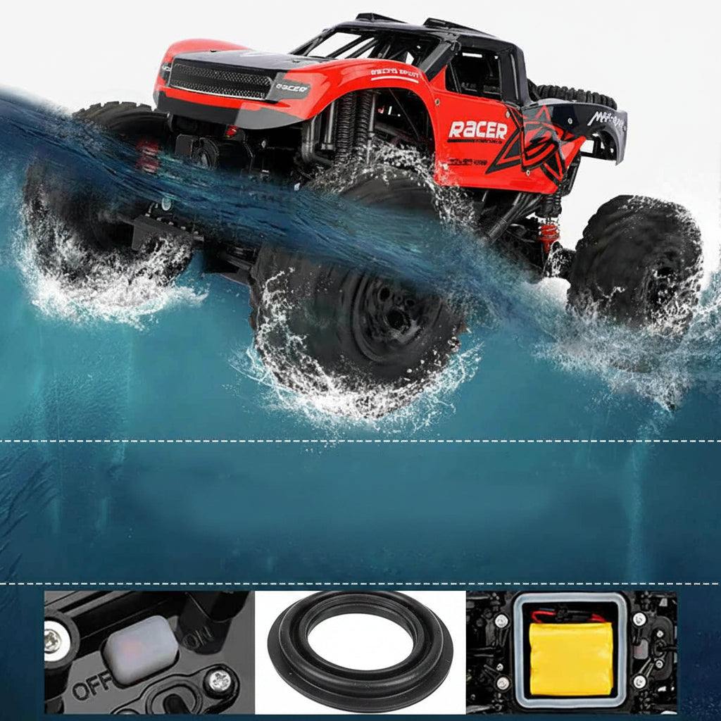Remote control amphibious monster truck with oversized tyres driving through shallow water