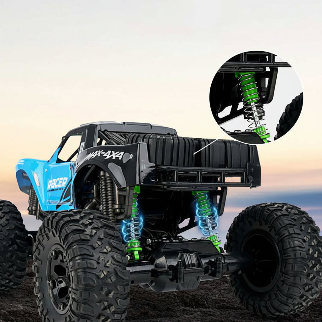 Remote control amphibious monster truck with oversized tyres driving through shallow water