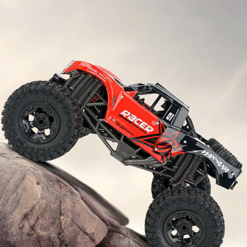 Remote control amphibious monster truck with oversized tyres driving through shallow water
