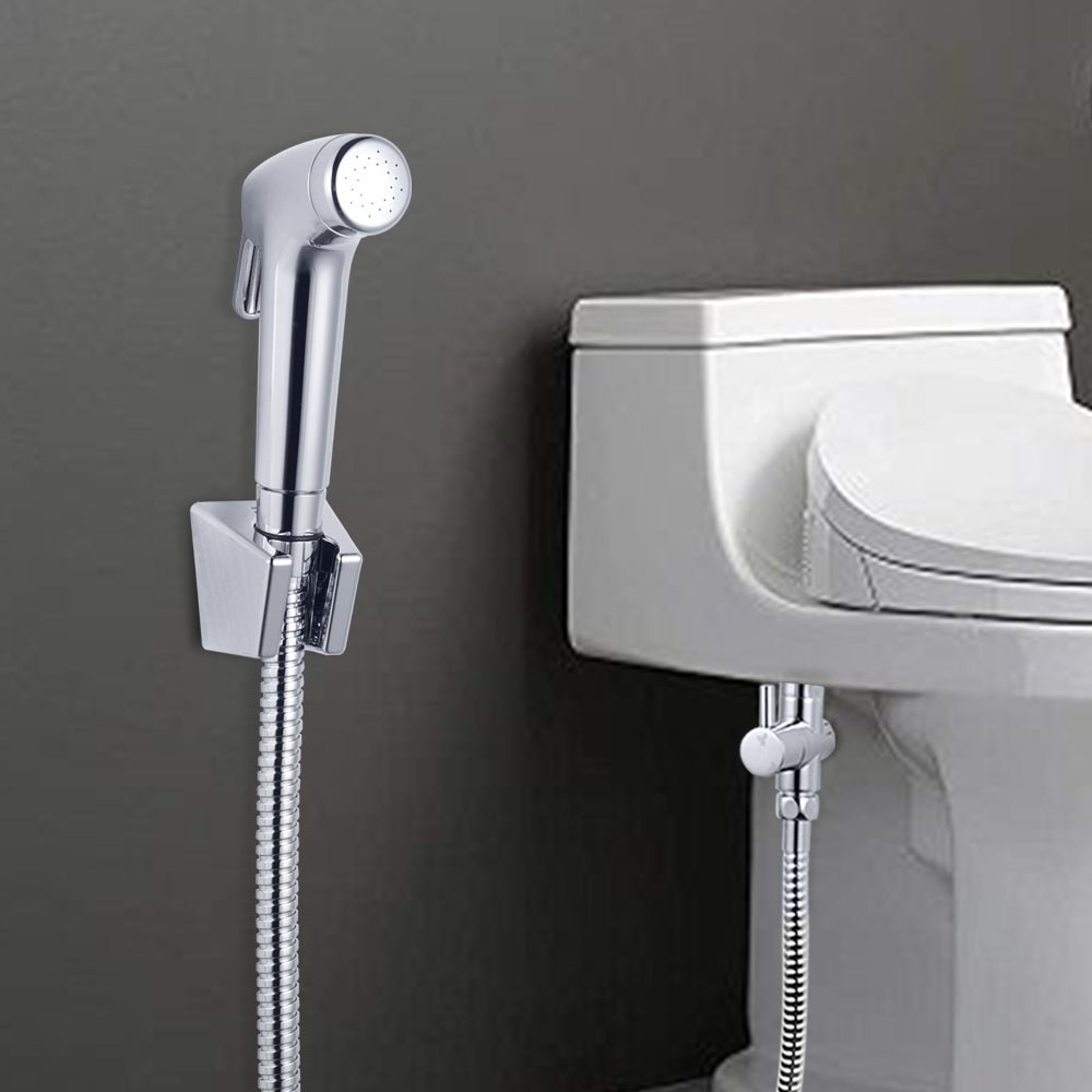 Chrome handheld toilet bidet spray kit with flexible hose, holder and diverter valve
