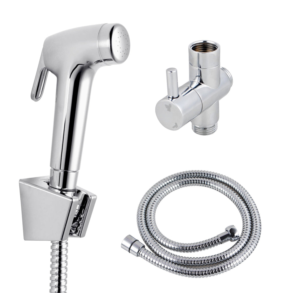 Chrome handheld toilet bidet spray kit with flexible hose, holder and diverter valve