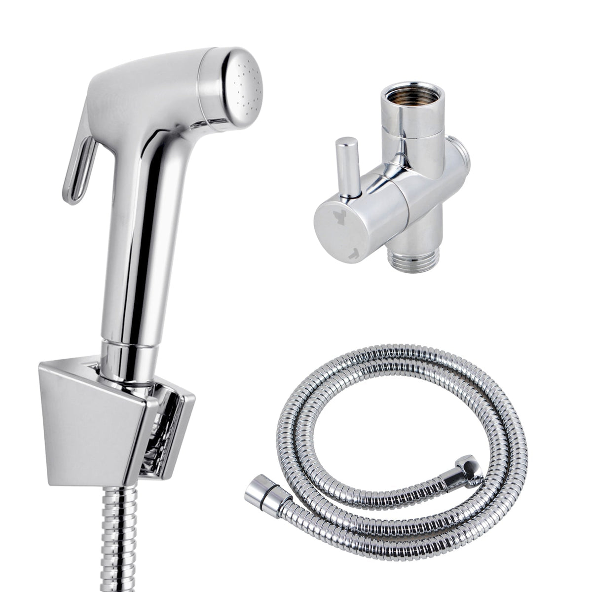 Chrome handheld toilet bidet spray kit with flexible hose, holder and diverter valve