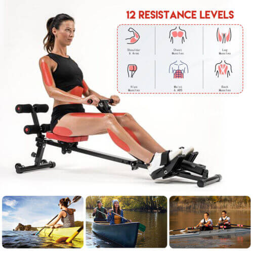 Red and black home rowing machine with padded seat and elastic resistance housing