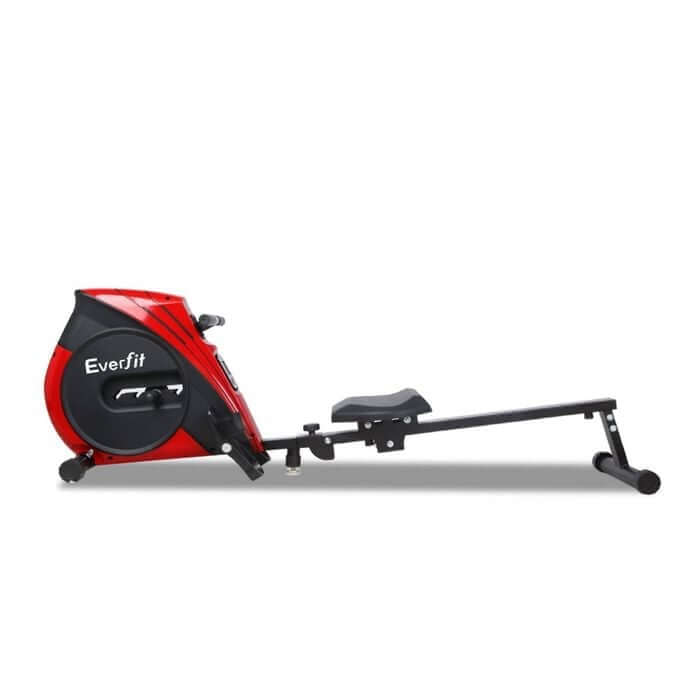 Red and black home rowing machine with padded seat and elastic resistance housing
