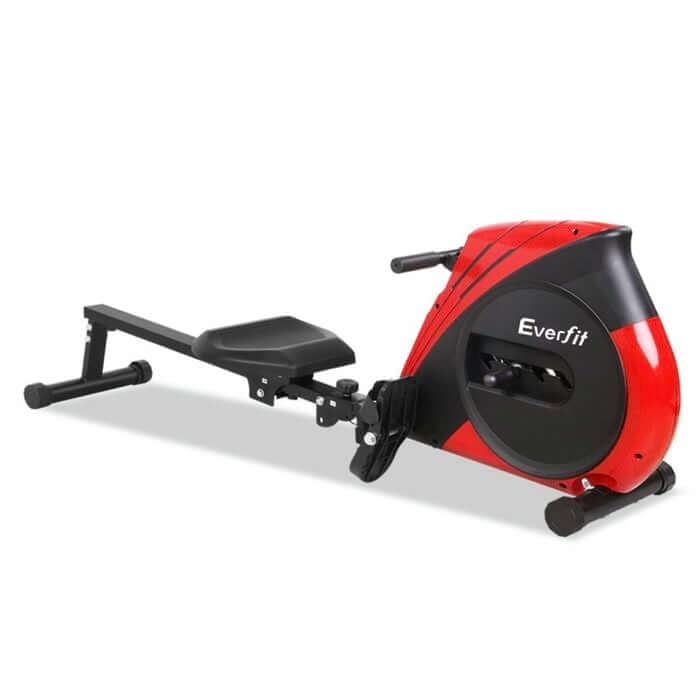 Red and black home rowing machine with padded seat and elastic resistance housing