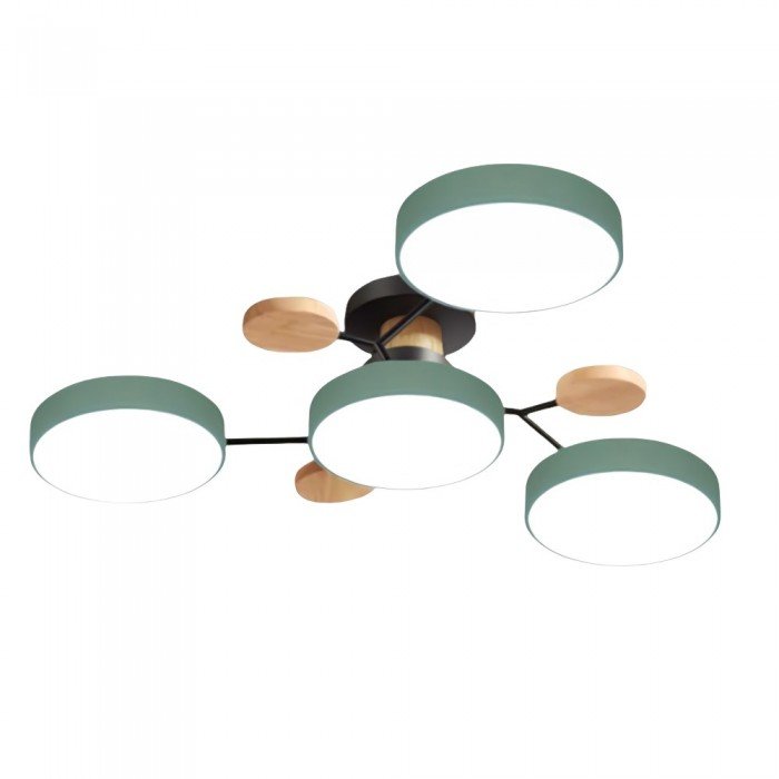 Multi-arm LED ceiling light with four round ring shades and oval decorative accents