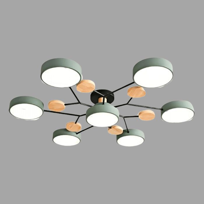 Multi-arm LED ceiling light with four round ring shades and oval decorative accents