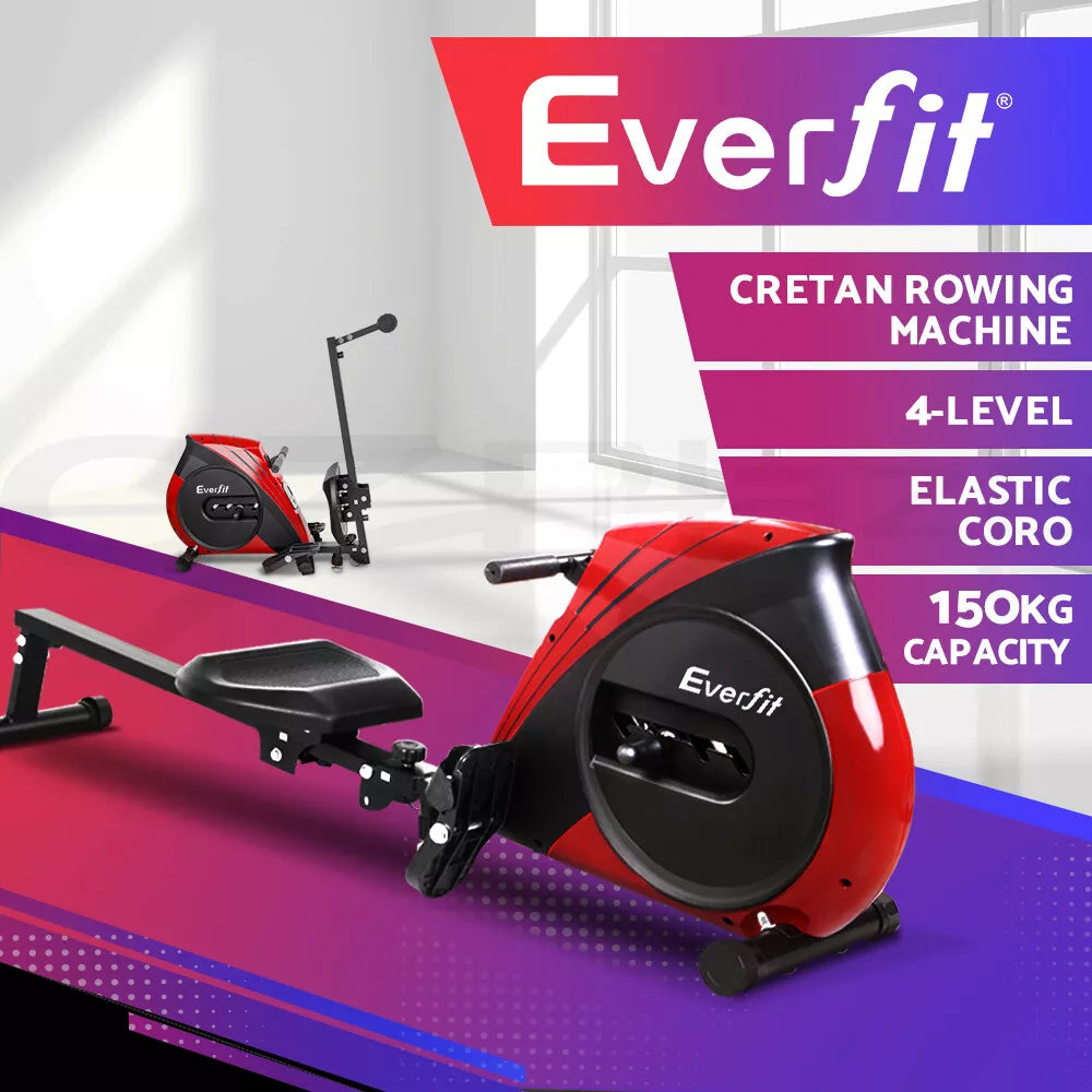 Red and black home rowing machine with padded seat and elastic resistance housing