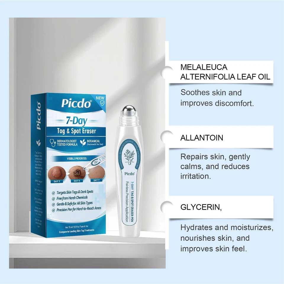 White facial precision applicator pen with rounded roller tip and blue printed carton