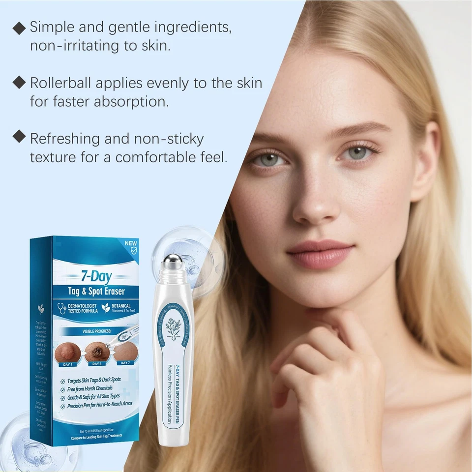 White facial precision applicator pen with rounded roller tip and blue printed carton