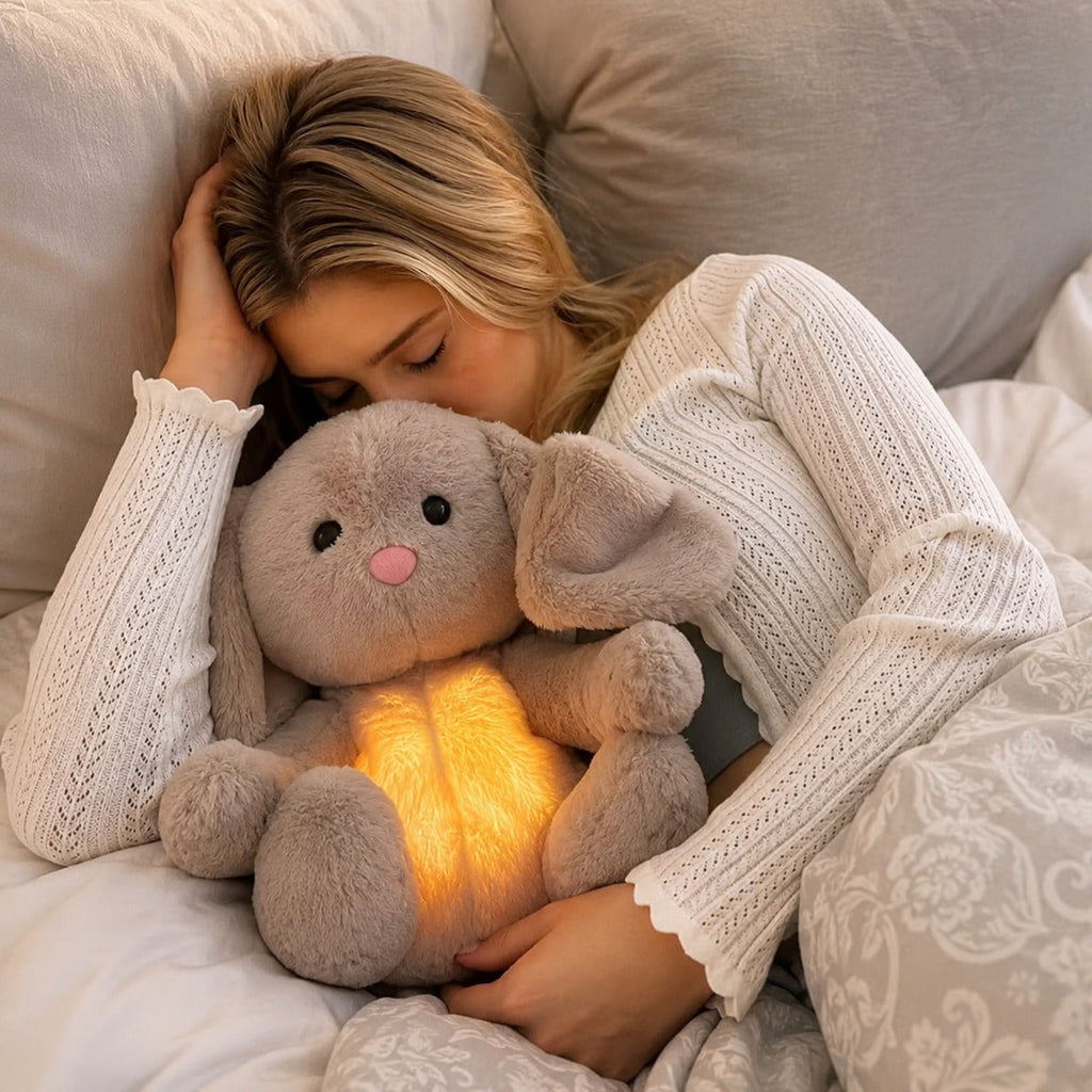 Gray bunny stuffed animal with long ears and glowing yellow belly