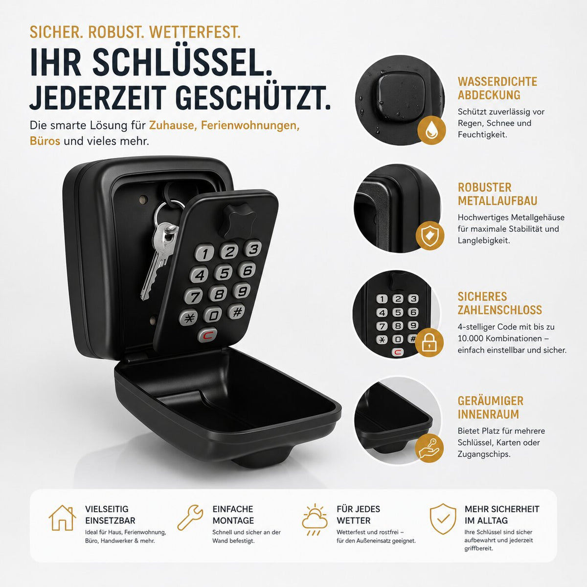 Black wall mounted key safe with numbered combination buttons