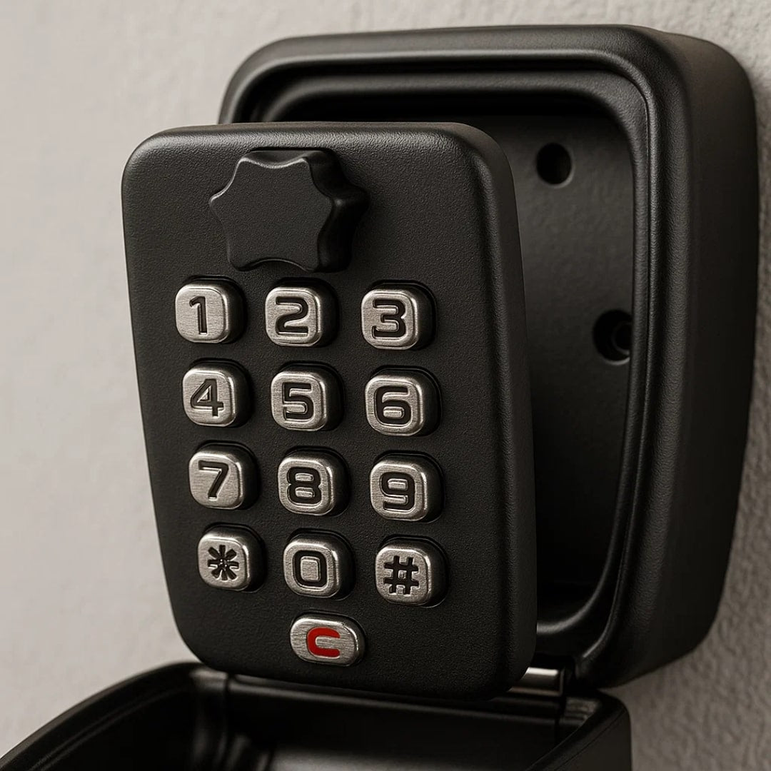 Black wall mounted key safe with numbered combination buttons