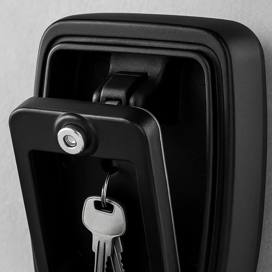 Black wall mounted key safe with numbered combination buttons