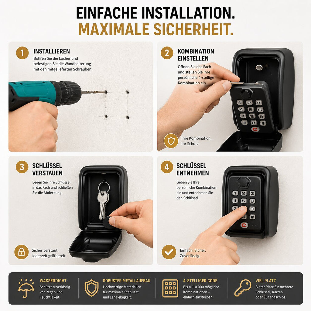 Black wall mounted key safe with numbered combination buttons