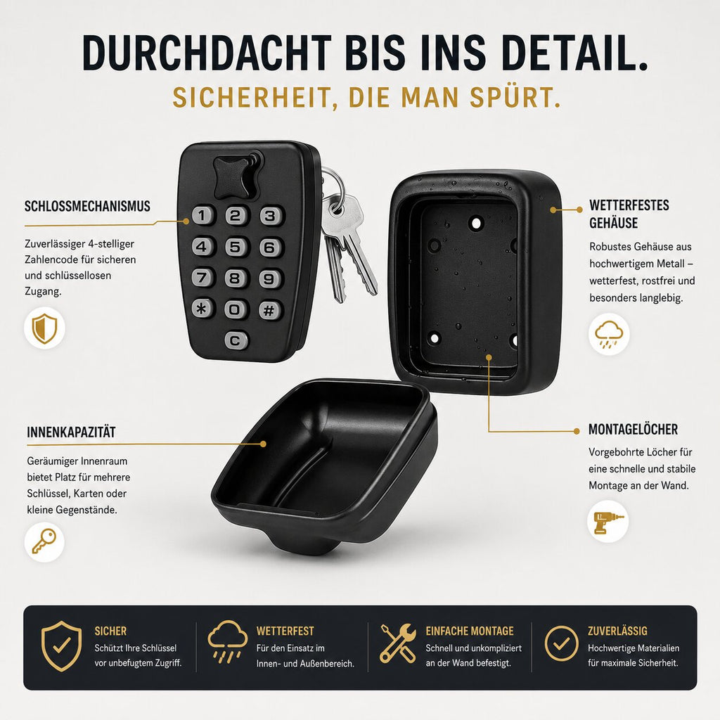 Black wall mounted key safe with numbered combination buttons