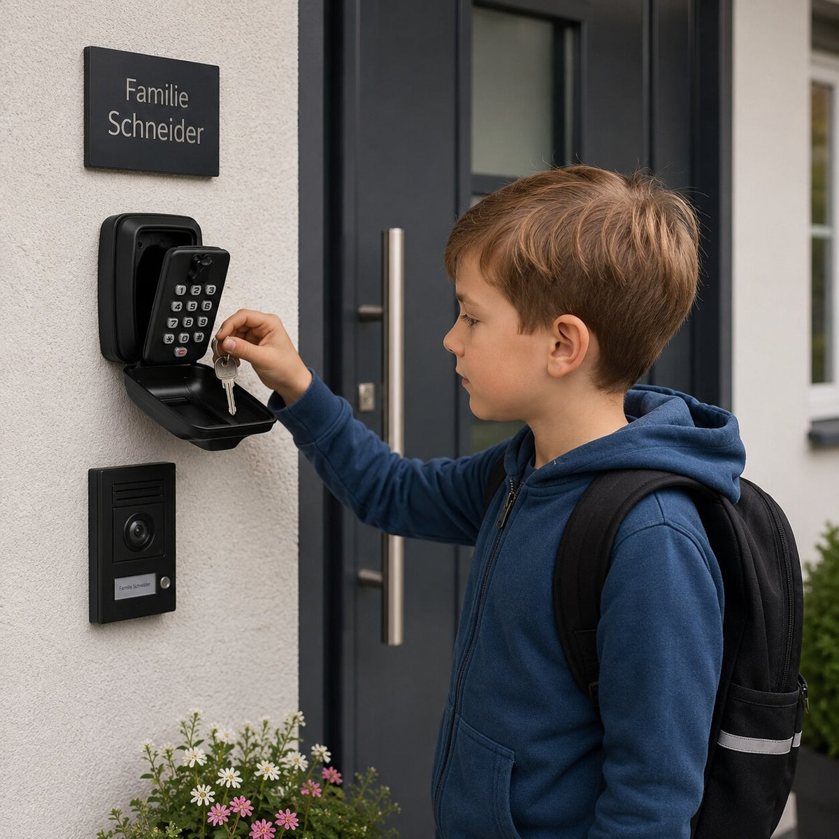 Black wall mounted key safe with numbered combination buttons