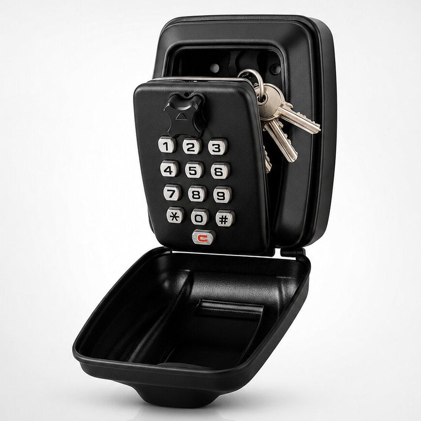 Black wall mounted key safe with numbered combination buttons