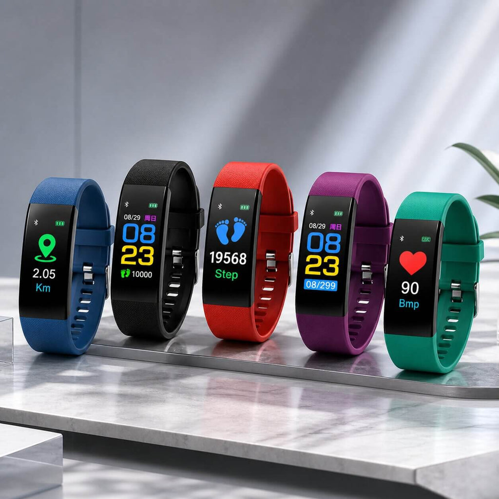 Smartwatch with large rectangular display, step counter screen and buckle strap