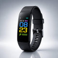 Smartwatch with large rectangular display, step counter screen and buckle strap